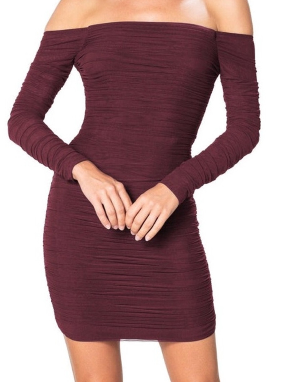 Dress the Population Dawn off the shoulder   Ruched Bodycon Dress - Burgundy
